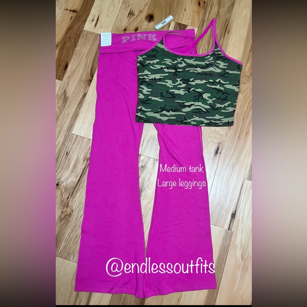VS PINK BLING PINK FIRE SHINE FOLD OVER FLARE LEGGINGS & CAMO TANK TOP OUTFIT